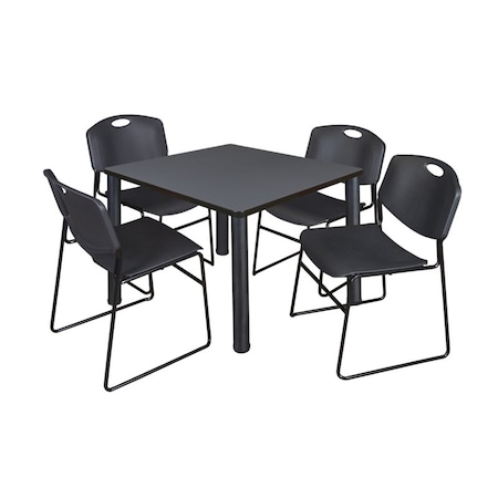 Kee/Zeng Square Gray Table w/4 Black Chairs, Square, 42", 42" W, 29" H, Gray TB4242GYBPBK44BK
